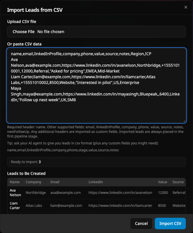 Bulk import leads CSV dialog and preview